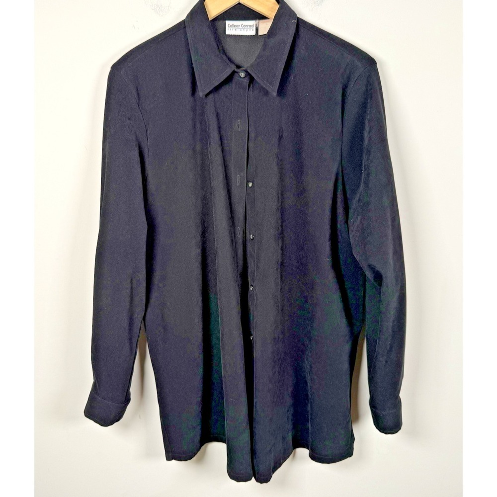 VTG Colleen Conrad Black‎ Silk Feel Button Up Blouse Top Minimalist Goth L